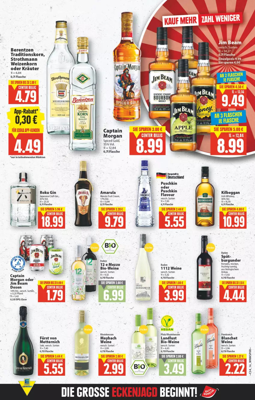 Aktueller Prospekt E Center - Angebote der Woche - von 22.08 bis 27.08.2022 - strona 11 - produkty: amarula, Bad, Bau, berentzen, bio, Bio-Wein, burgunder, Cap, captain morgan, eis, flasche, frucht, fürst von metternich, gin, irish whiskey, jim beam, kilbeggan, korn, kräuter, maybach, Mett, metternich, oder kräuter, rotwein, sekt, Ti, wein, weine, weizenkorn, whiskey