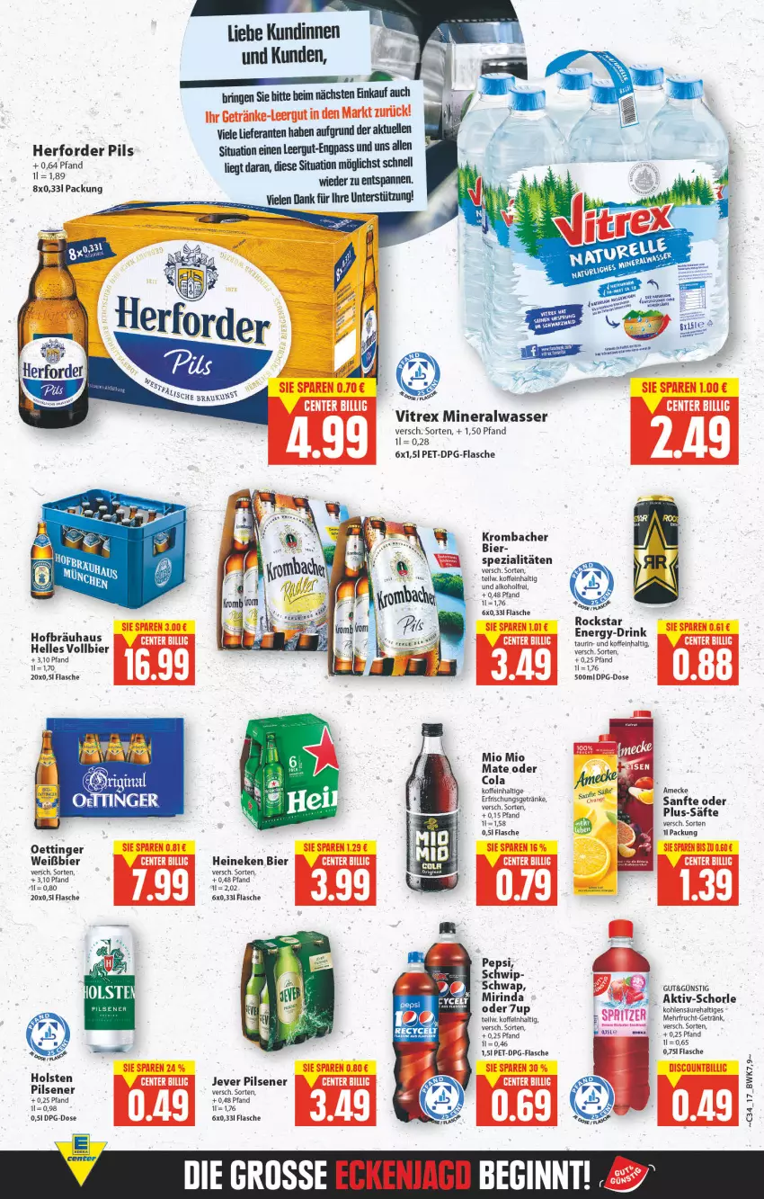 Aktueller Prospekt E Center - Angebote der Woche - von 22.08 bis 27.08.2022 - strona 12 - produkty: 7UP, alkohol, Alwa, amecke, bier, cola, drink, elle, erfrischungsgetränk, erfrischungsgetränke, flasche, frucht, getränk, getränke, gin, heineken, holsten, holsten pilsener, jever, jever pilsener, krombache, krombacher, mineralwasser, Mio Mio, Mirinda, oettinger, pepsi, pils, pilsener, rel, rind, ring, Rockstar, säfte, schorle, Spezi, Ti, vitrex, wasser