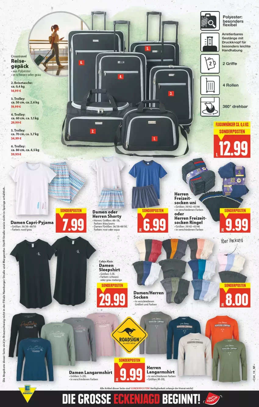 Aktueller Prospekt E Center - Angebote der Woche - von 22.08 bis 27.08.2022 - strona 15 - produkty: angebot, angebote, aqua, aust, braun, burger, calvin klein, Cap, eis, Elan, hamburger, jeans, Langarmshirt, Pyjama, reis, reisetasche, ring, shirt, shorty, sleepshirt, socken, Tasche, Ti, trolley