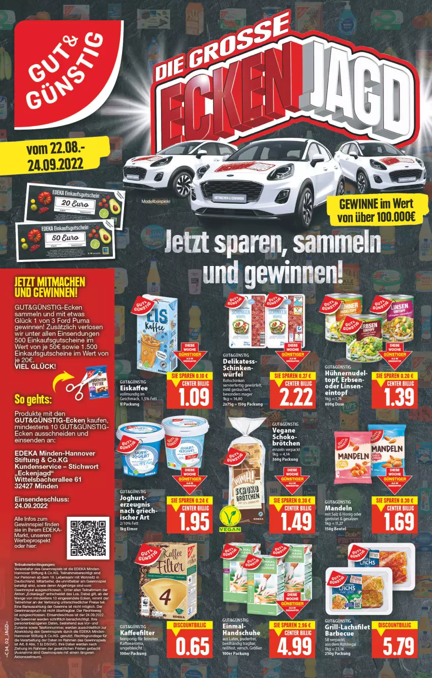 Aktueller Prospekt E Center - Angebote der Woche - von 22.08 bis 27.08.2022 - strona 2 - produkty: aus dem kühlregal, barbecue, beutel, brötchen, deka, eis, eiskaffee, ente, erde, filet, gewinnspiel, grill, grill-lachs, gutschein, gutscheine, handschuhe, honig, hühner, joghur, joghurt, kaffee, kühlregal, lachs, lachsfilet, LG, linsen, mac, mandel, mandeln, nudel, puma, regal, reis, salz, schinken, schuhe, Spiele, telefon, Ti, WICK, würfel