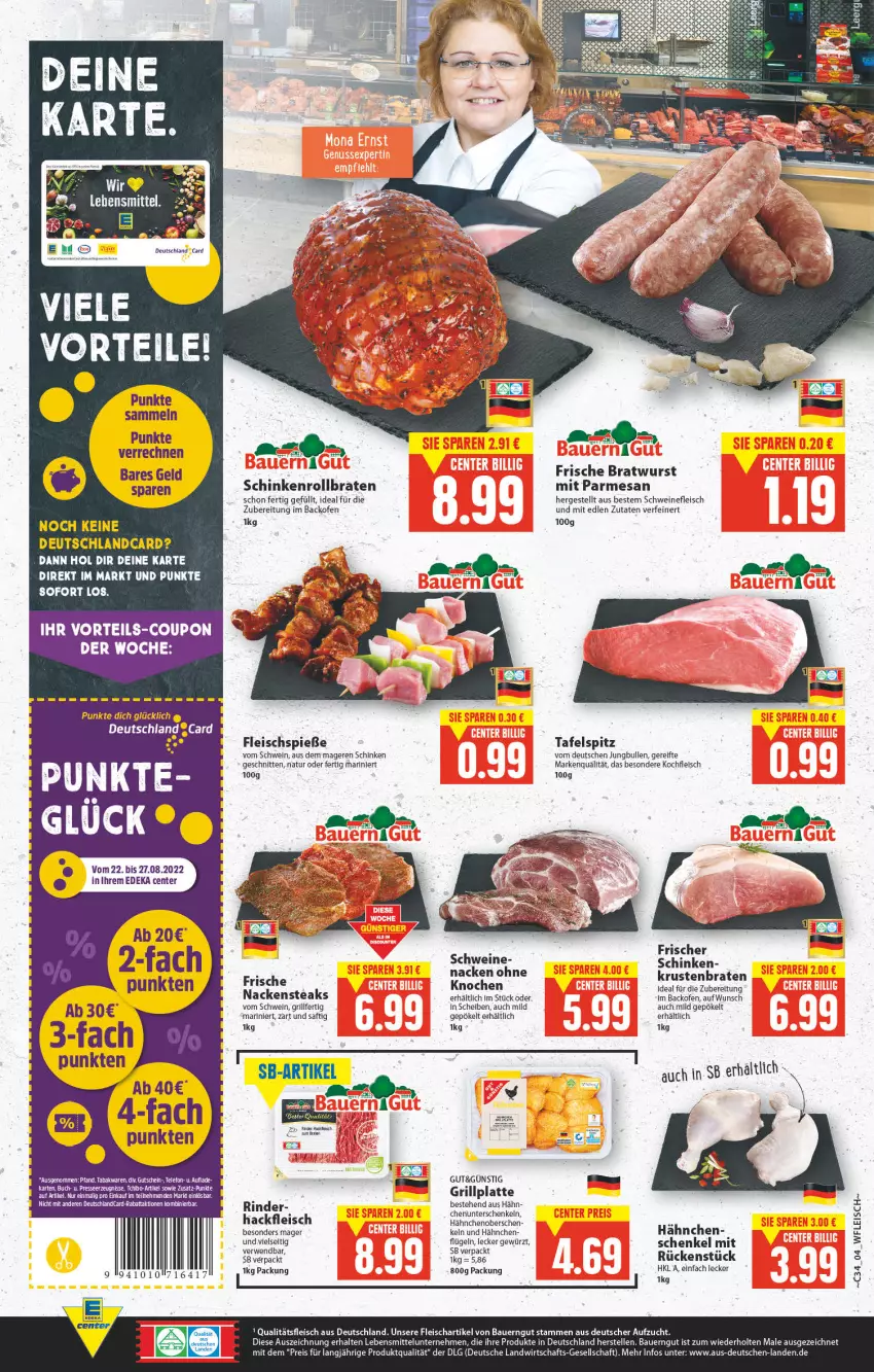 Aktueller Prospekt E Center - Angebote der Woche - von 22.08 bis 27.08.2022 - strona 4 - produkty: auer, backofen, Bau, Bauer, bauerngut, braten, bratwurst, buch, coupon, deka, deutschland card, deutschlandcard, eis, elle, ente, fleisch, Fleischspieße, grill, grillplatte, gutschein, hackfleisch, henkel, jungbullen, krustenbraten, latte, lebensmittel, LG, Nackensteak, nackensteaks, natur, Ofen, reis, rollbraten, rwe, saft, schenkel, schinken, schnitten, schwein, schweine, schweinefleisch, steak, steaks, tafelspitz, Tchibo, telefon, Ti, wein, weine, wurst