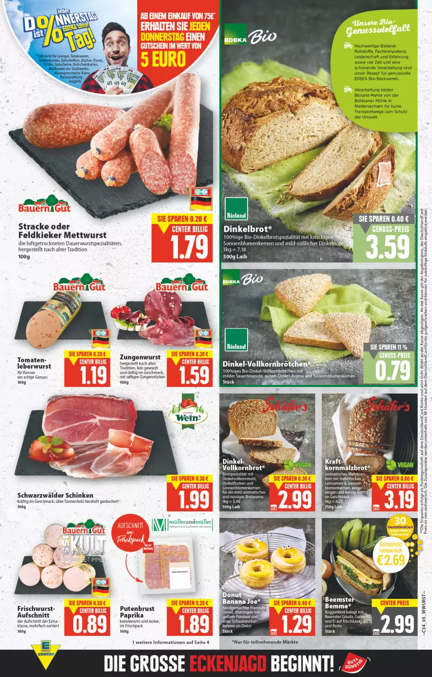 Aktueller Prospekt E Center - Angebote der Woche - von 22.08 bis 27.08.2022 - strona 5 - produkty: angebot, angebotspreis, auer, aufschnitt, backwaren, banane, Beemster, bio, Bio-Backwaren, bioland, blume, blumen, brot, deka, deutschlandcard, Dinkelbrot, Dinkelvollkornmehl, Donut, edeka bio, eis, erde, Geflügel, gewürz, gin, gouda, Holz, HP, korn, LG, mac, mehl, Mett, mettwurst, Müller, nuss, paprika, pesto, pute, putenbrust, reis, rezept, sac, saft, Schaumzucker, schinken, schwarzwälder schinken, sonnenblume, sonnenblumen, Sonnenblumenkerne, sonnenblumenkernen, Spezi, Sport, Ti, tisch, wurst, zucker