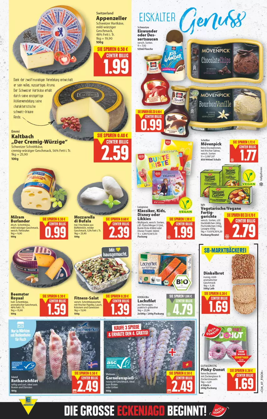 Aktueller Prospekt E Center - Angebote der Woche - von 22.08 bis 27.08.2022 - strona 6 - produkty: appenzeller, Beemster, beutel, bio, braten, braun, brot, burlander, deka, di bufala, Dinkelbrot, disney, Donut, edeka bio, eis, elle, emmi, filet, fisch, fischstäbchen, flasche, frischkäse, garnelen, gewürz, gin, grill, hartkäse, ideal zum braten, iglo, Käse, kräuter, kräutern, lachs, lachsfilet, langnese, lasagne, mac, milch, milram, monati, mövenpick, mozzarella, nuss, paprika, rel, rind, Rotbarsch, rotbarschfilet, rwe, saft, sahne, salat, sauce, saucen, Schal, Schale, schnittkäse, Schöller, Schwartau, schweizer hartkäse, schweizer schnittkäse, Ti, tisch, Vegeta, WICK, zucker