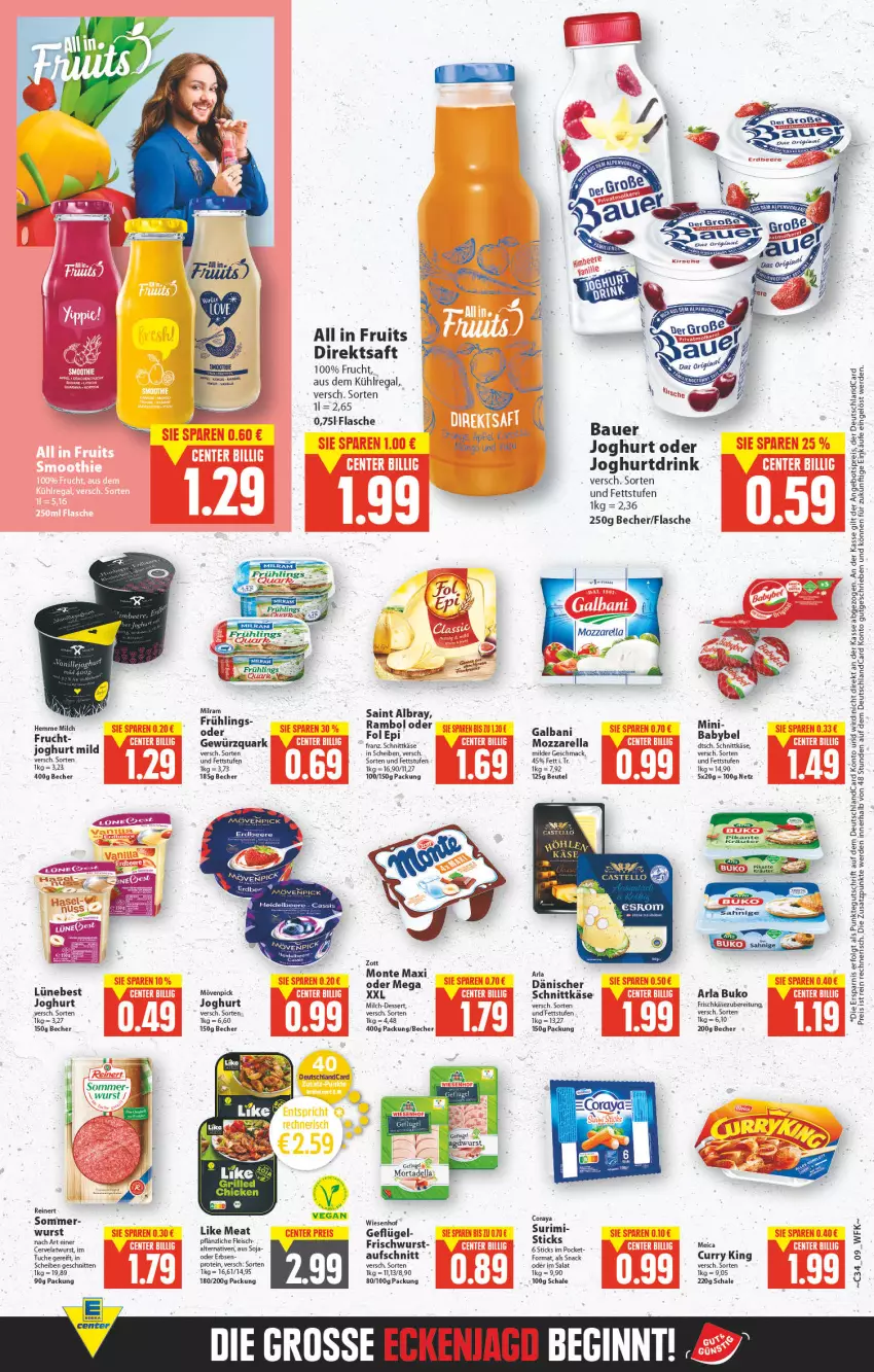 Aktueller Prospekt E Center - Angebote der Woche - von 22.08 bis 27.08.2022 - strona 8 - produkty: albray, angebot, angebotspreis, arla, arla buko, auer, aufschnitt, aus dem kühlregal, babybel, Bau, Bauer, Becher, beutel, Buko, curry, dell, dessert, deutschlandcard, direktsaft, drink, eis, erbsen, erde, flasche, fleisch, fol epi, frischkäse, frischkäsezubereitung, frucht, galbani, Geflügel, gewürz, gewürzquark, gin, joghur, joghurt, Joghurtdrink, Käse, kräuter, kühlregal, LG, Like Meat, mac, meica, milch, monte, mortadella, mövenpick, mozzarella, quark, regal, reinert, reis, rel, saft, saint albray, salat, SANTE, Schal, Schale, schnitten, schnittkäse, snack, soja, Ti, tuc, wiesenhof, wurst, Yo, zott, Zott Monte