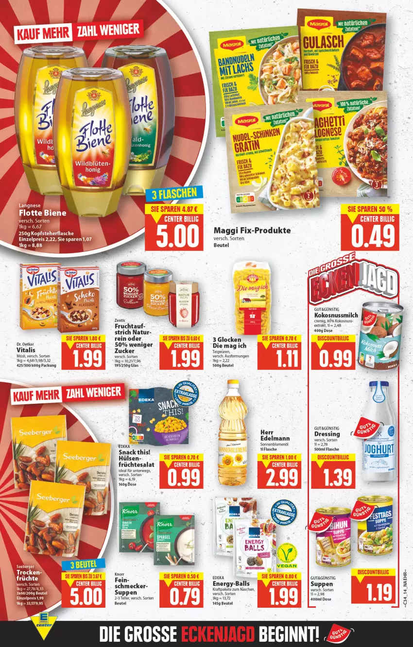 Aktueller Prospekt E Center - Angebote der Woche - von 22.08 bis 27.08.2022 - strona 9 - produkty: ball, beutel, blume, blumen, blumenöl, Blüte, deka, Elan, elle, flasche, frucht, früchte, gin, honig, knorr, kokos, kokosnuss, Kokosnussmilch, kraft, LG, maggi, maggi fix, milch, müsli, natur, nuss, rwe, salat, sim, snack, sonnenblume, sonnenblumen, sonnenblumenöl, suppe, suppen, teller, tesa, Ti, vita, vitalis, Wild, zentis, zucker