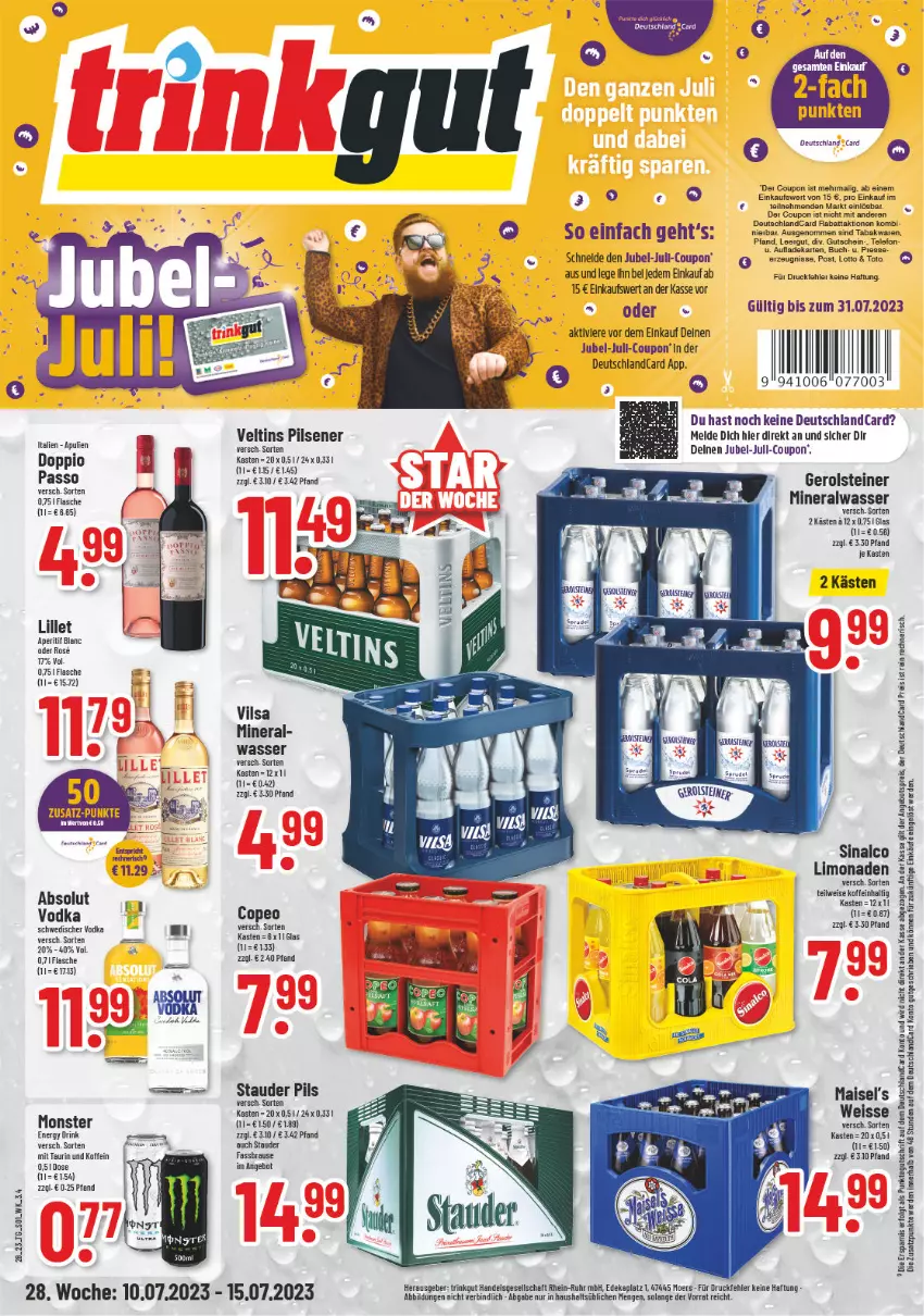 Aktueller Prospekt Trinkgut - von 10.07 bis 15.07.2023 - strona 1 - produkty: Alwa, angebot, angebotspreis, aperitif, brause, buch, coupon, deka, deutschlandcard, doppio passo, drink, eis, energy drink, fassbrause, flasche, gerolsteine, gerolsteiner, gutschein, LG, lillet, limo, limonade, limonaden, mais, mineralwasser, monster, Monster Energy, passo, pils, pilsener, reis, sinalco, steiner, Ti, uhr, veltins, veltins pilsener, vilsa, vodka, wasser