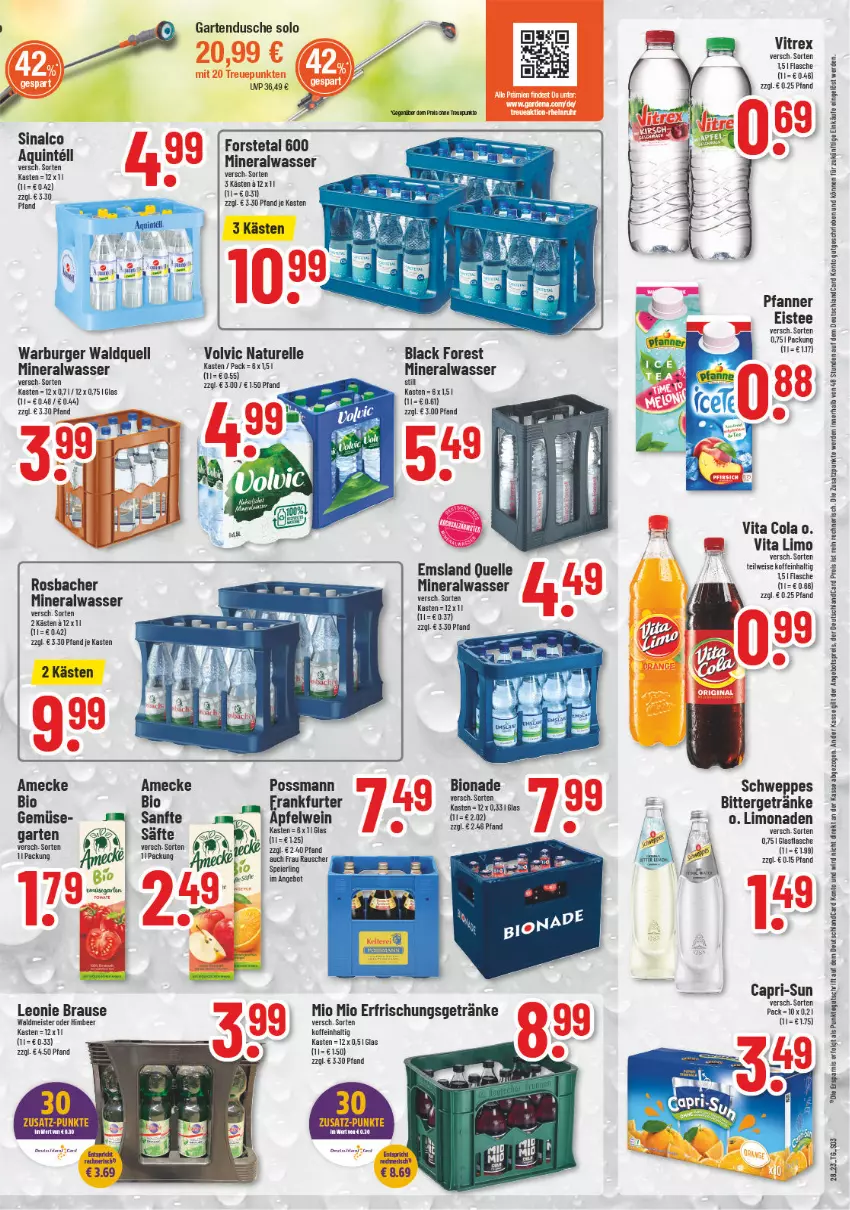 Aktueller Prospekt Trinkgut - von 10.07 bis 15.07.2023 - strona 3 - produkty: Alwa, amecke, angebot, angebotspreis, apfel, apfelwein, bio, bionade, black forest, brause, burger, Cap, capri-sun, cola, deutschlandcard, dusche, eier, eis, eistee, elle, erde, erfrischungsgetränk, erfrischungsgetränke, flasche, Forstetal, frankfurter, Garten, Gartendusche, getränk, getränke, himbeer, lack, LG, limo, limonade, limonaden, Meister, mineralwasser, Mio Mio, natur, pfanne, Pfanner, reis, rel, säfte, schweppes, tee, Ti, vita, Vita C, vitrex, volvic, waldmeister, wasser, wein, Yo