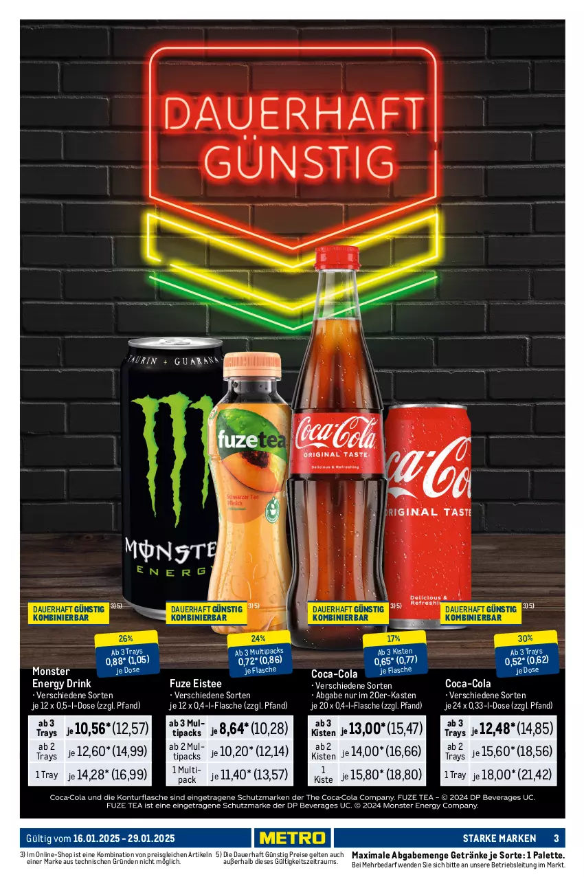 Aktueller Prospekt Metro - Starke Marken - von 16.01 bis 29.01.2025 - strona 3 - produkty: auer, beutel, bonduelle, coca-cola, cola, drink, eis, eistee, elle, energy drink, flasche, Gemüsekonserve, getränk, getränke, knorr, knorr fix, Konserven, mehl, mondamin, monster, Monster Energy, Palette, reis, salat, salatkrönung, Soße, tee, Ti