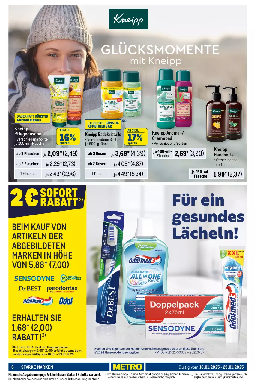 Aktueller Prospekt Metro - Starke Marken - von 16.01 bis 29.01.2025 - strona 6 - produkty: auer, auto, Bad, Badekristalle, balsam, body, bodylotion, creme, deo, deo roll-on, dusche, eis, elle, feuchtigkeitscreme, flasche, Handseife, kneipp, kosmetik, Kosmetiktücher, LG, Lotion, nivea, Palette, pflegedusche, reis, roll-on, Seife, Tasche, taschen, taschentücher, Taschentücherbox, Ti, tisch, tücher, würfel