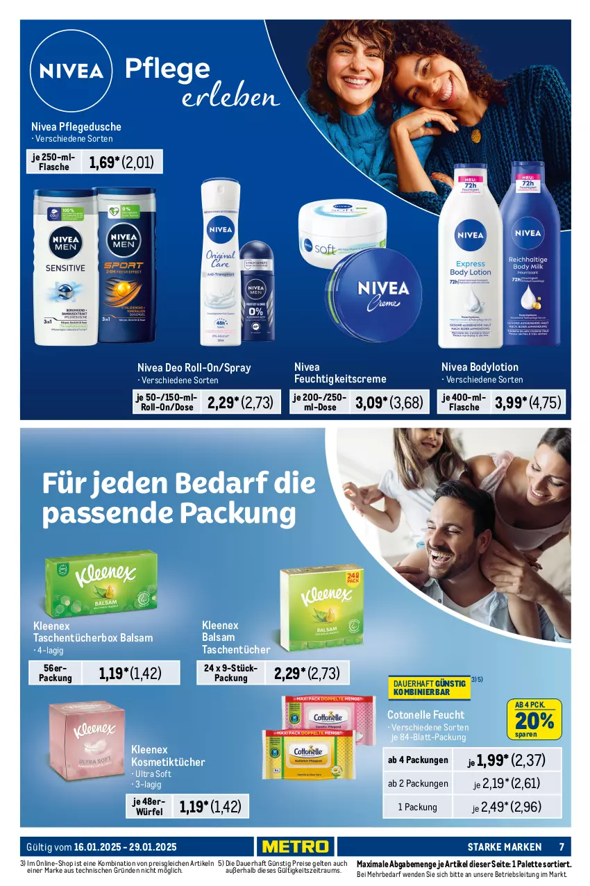 Aktueller Prospekt Metro - Starke Marken - von 16.01 bis 29.01.2025 - strona 7 - produkty: auer, auto, Bad, Badekristalle, balsam, body, bodylotion, creme, deo, deo roll-on, dusche, eis, elle, feuchtigkeitscreme, flasche, Handseife, kneipp, kosmetik, Kosmetiktücher, LG, Lotion, nivea, Palette, pflegedusche, reis, roll-on, Seife, Tasche, taschen, taschentücher, Taschentücherbox, Ti, tisch, tücher, würfel