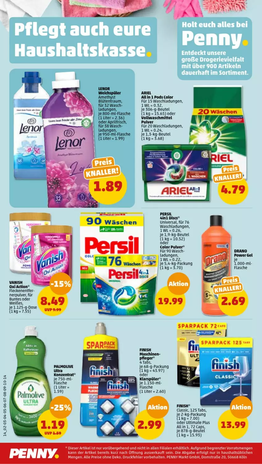 Aktueller Prospekt Penny - Prospekte - von 22.05 bis 27.05.2023 - strona 14 - produkty: ariel, beutel, Blüte, Cap, eis, Finish, flasche, klarspüler, lenor, lenor weichspüler, LG, olive, oxi action, palmolive, persil, Pods, pril, reis, sana, Ti, vanish, vollwaschmittel, waschmittel, weichspüler, ZTE