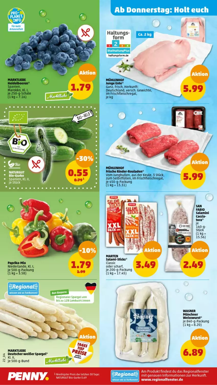 Aktueller Prospekt Penny - Prospekte - von 22.05 bis 27.05.2023 - strona 24 - produkty: ACC, beere, beeren, bio, eis, ente, fenster, fleisch, gurke, heidelbeere, heidelbeeren, jungbullen, natur, paprika, regal, reis, salami, Schal, Schale, spargel, Ti, wurst