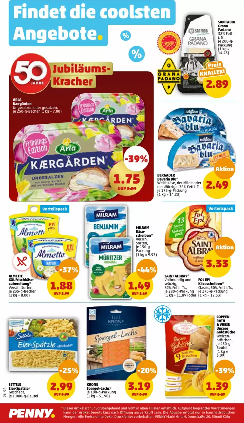 Aktueller Prospekt Penny - Prospekte - von 22.05 bis 27.05.2023 - strona 8 - produkty: albray, almette, arla, bavaria blu, Becher, bergader, beutel, bio, brötchen, eier, frischkäse, Goldstücke, grana, Käse, käsescheiben, krone, lachs, Mett, milram, padano, Rana, Ria, saint albray, salz, settele, spargel, weichkäse