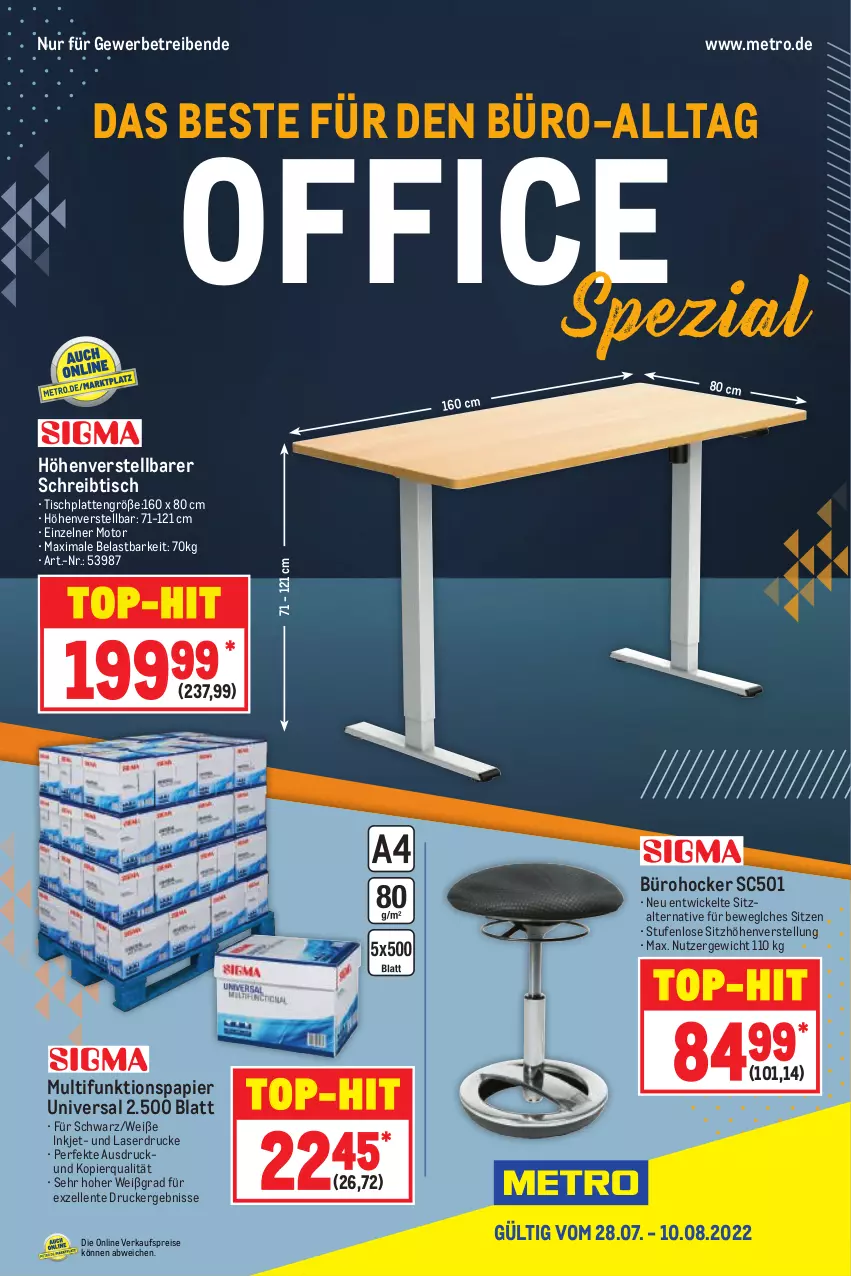 Aktueller Prospekt Metro - Office Spezial - von 28.07 bis 10.08.2022 - strona 1 - produkty: drucker, eis, elle, ente, hocker, HP, latte, Metro, office, papier, reis, schreibtisch, Sitzhöhe, sitzhöhenverstellung, Spezi, Ti, tisch, tischplatte, Tischplatten, top-hit, WICK