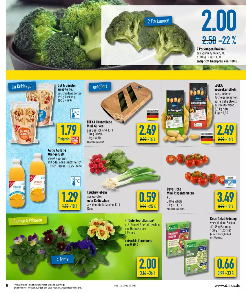 Aktueller Prospekt Diska - Prospekte - von 07.03 bis 12.03.2022 - strona 5 - produkty: beetpflanzen, brokkoli, burger, deka, eis, fisch, flasche, fleisch, frucht, fruchtfleisch, gurke, gurken, kartoffel, kartoffeln, knorr, Lauchzwiebel, lauchzwiebeln, mini-gurken, mini-rispentomaten, orange, orangen, orangensaft, pflanze, pflanzen, radieschen, reis, rispentomaten, saft, salat, Schal, Schale, speisekartoffeln, Ti, tiefpreis, tomate, tomaten, wrap, zwiebel, zwiebeln