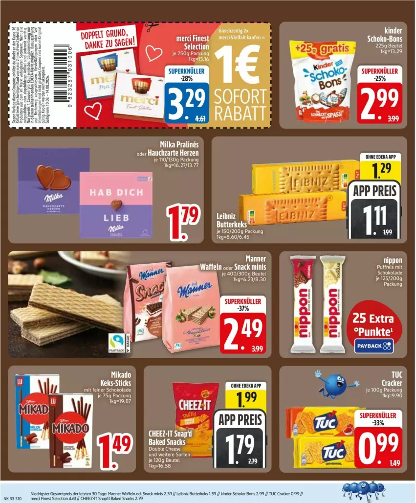 Aktueller Prospekt Edeka - Prospekte - von 10.08 bis 14.08.2026 - strona 12 - produkty: beutel, butter, butterkeks, cracker, deka, eis, keks, Kinder, leibniz, Manner, mikado, reis, schoko, schoko-bons, schokolade, snack, snacks, Ti, tuc, waffeln, ZTE