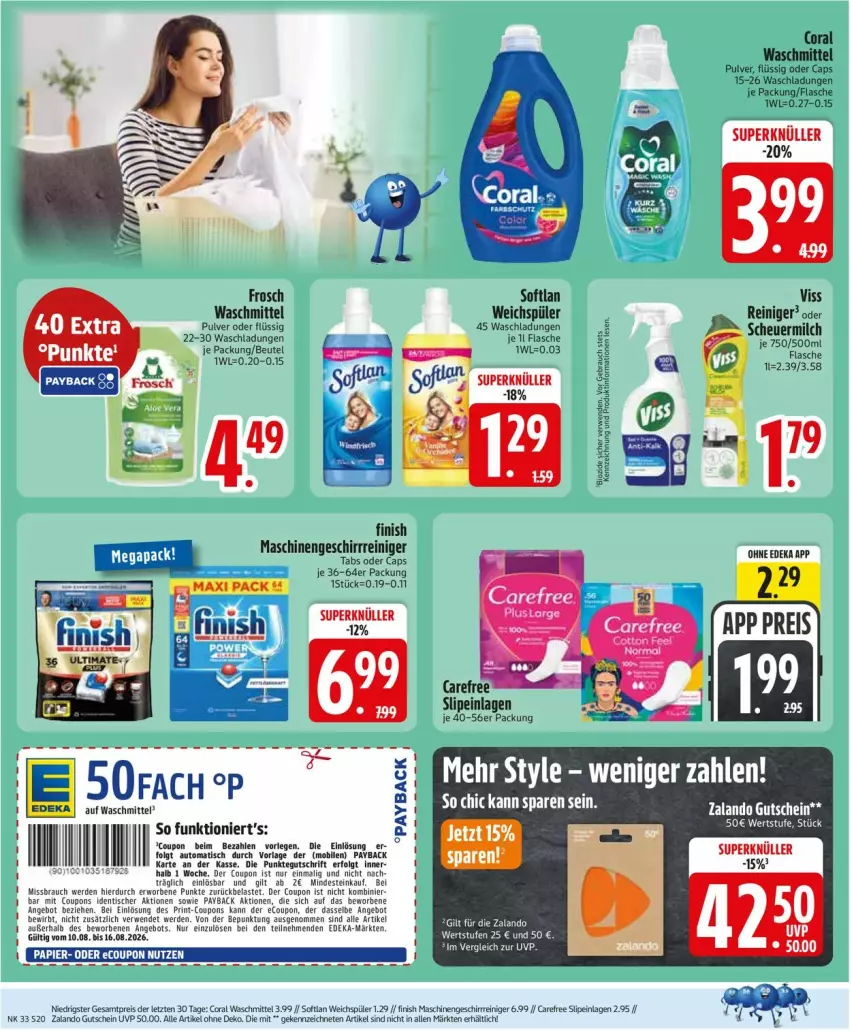 Aktueller Prospekt Edeka - Prospekte - von 10.08 bis 14.08.2026 - strona 22 - produkty: angebot, auto, beutel, Cap, carefree, Coral, coupon, coupons, deka, eis, erde, Finish, flasche, Frosch, geschirr, gutschein, Heu, LG, milch, payback, Rauch, reiniger, reis, rwe, scheuermilch, slip, slipeinlagen, Softlan, Ti, tisch, waschmittel, weichspüler, ZTE