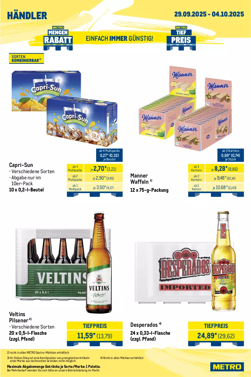 Aktueller Prospekt Metro - Wochen-Angebote Händler - von 29.09 bis 04.10.2025 - strona 3 - produkty: beutel, Cap, capri-sun, desperados, eis, flasche, getränk, getränke, Manner, Metro, metro gastro, Palette, pils, pilsener, reis, Ti, tiefpreis, veltins, veltins pilsener, waffeln