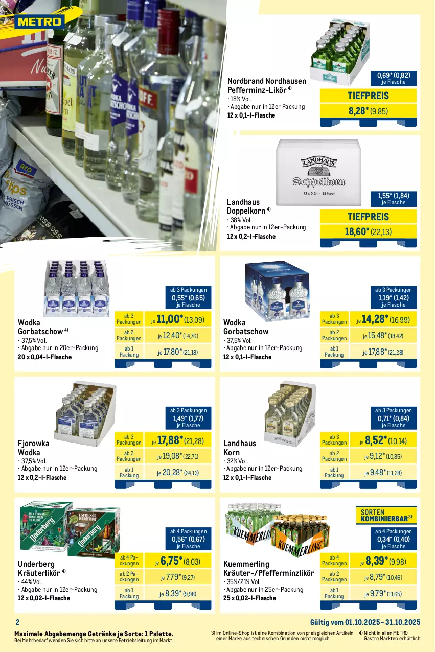 Aktueller Prospekt Metro - Wochen-Angebote Händler - von 29.09 bis 04.10.2025 - strona 5 - produkty: bacardi, Cap, captain morgan, chantré, cola, doppelkorn, eis, flasche, Germ, getränk, getränke, Gorbatschow, jack daniel, jägermeister, korn, kräuter, kräuterlikör, kuemmerling, likör, Meister, merl, Metro, mojito, nordbrand, Palette, pfeffer, pfefferminzlikör, reis, rum, Tanqueray, Ti, tiefpreis, tonic, underberg, wein, weinbrand, white rum, wodka