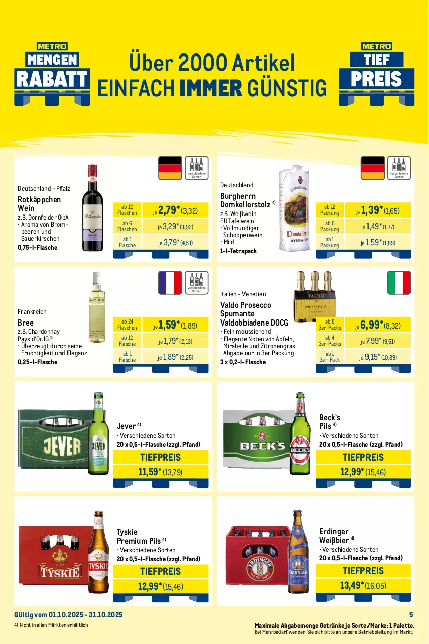 Aktueller Prospekt Metro - Wochen-Angebote Händler - von 29.09 bis 04.10.2025 - strona 8 - produkty: auer, bacardi, beere, beeren, bier, bombay sapphire, bree, brombeere, brombeeren, chardonnay, cola, dornfelder, ecco, Effect, eis, elle, erdinger, flasche, frucht, getränk, getränke, Gorbatschow, Havana Club, jack daniel, jever, jim beam, kirsch, kirsche, kirschen, Metro, Palette, pils, premium pils, prosecco, puma, reis, rotkäppchen, sapphire, sauerkirschen, spumante, Ti, tiefpreis, tonic, tyskie, valdo, vodka, wein, Weißwein, wodka, zitrone, zitronen