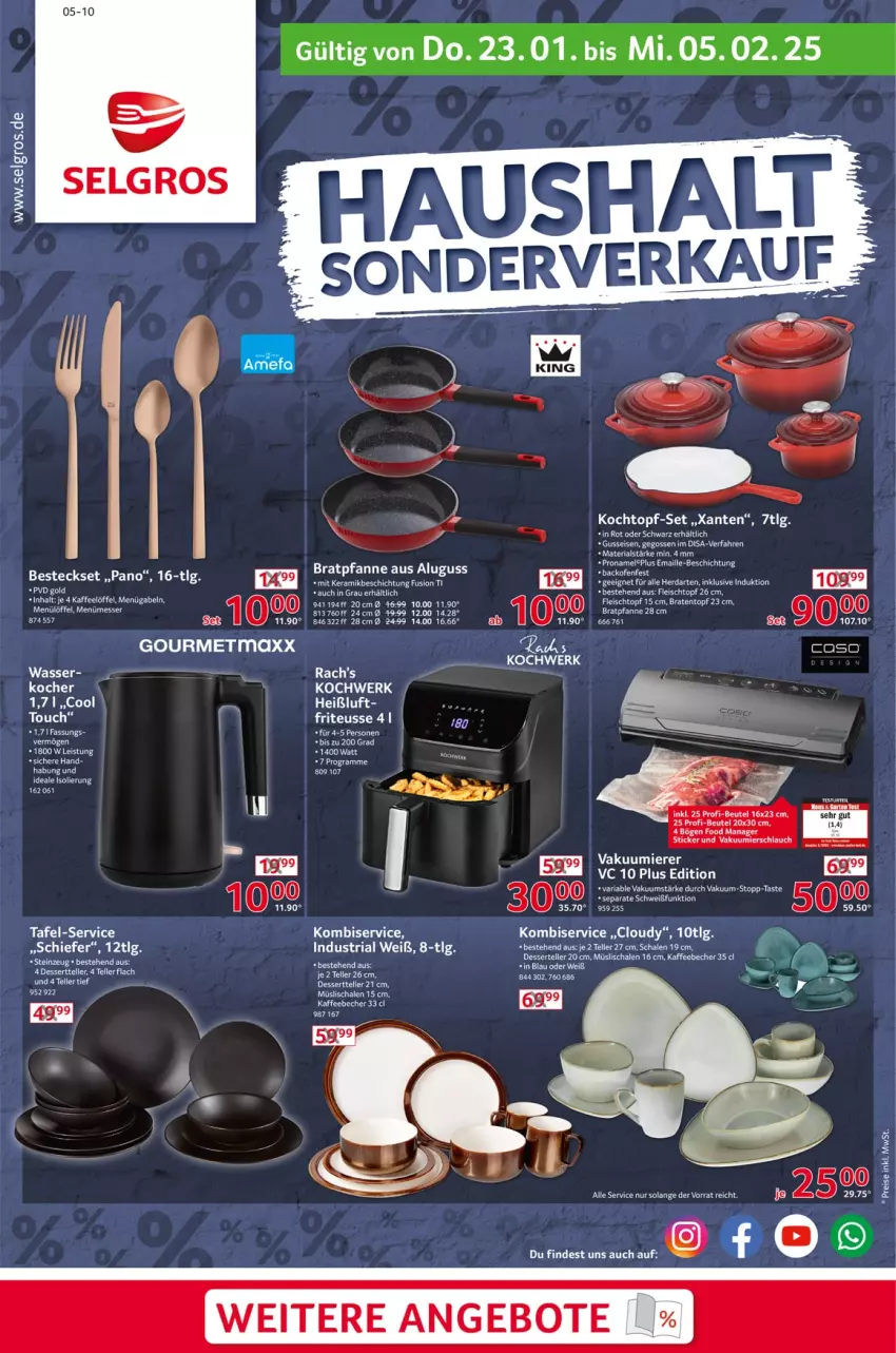 Aktueller Prospekt Selgros - Haushalt Sonderverkauf - von 23.01 bis 05.02.2025 - strona 1 - produkty: angebot, angebote, Becher, besteck, besteckset, beutel, braten, Bratentopf, bratpfanne, dessert, Dessertteller, eis, elle, fleisch, Fleischtopf, gabel, gourmetmaxx, herdarten, kaffee, kaffeebecher, Kocher, Kochtopf, Kombiservice, LG, Löffel, maille, messer, müsli, Müslischale, pfanne, Ria, Schal, Schale, schlauch, tee, teller, Ti, topf, topf-set, wasser