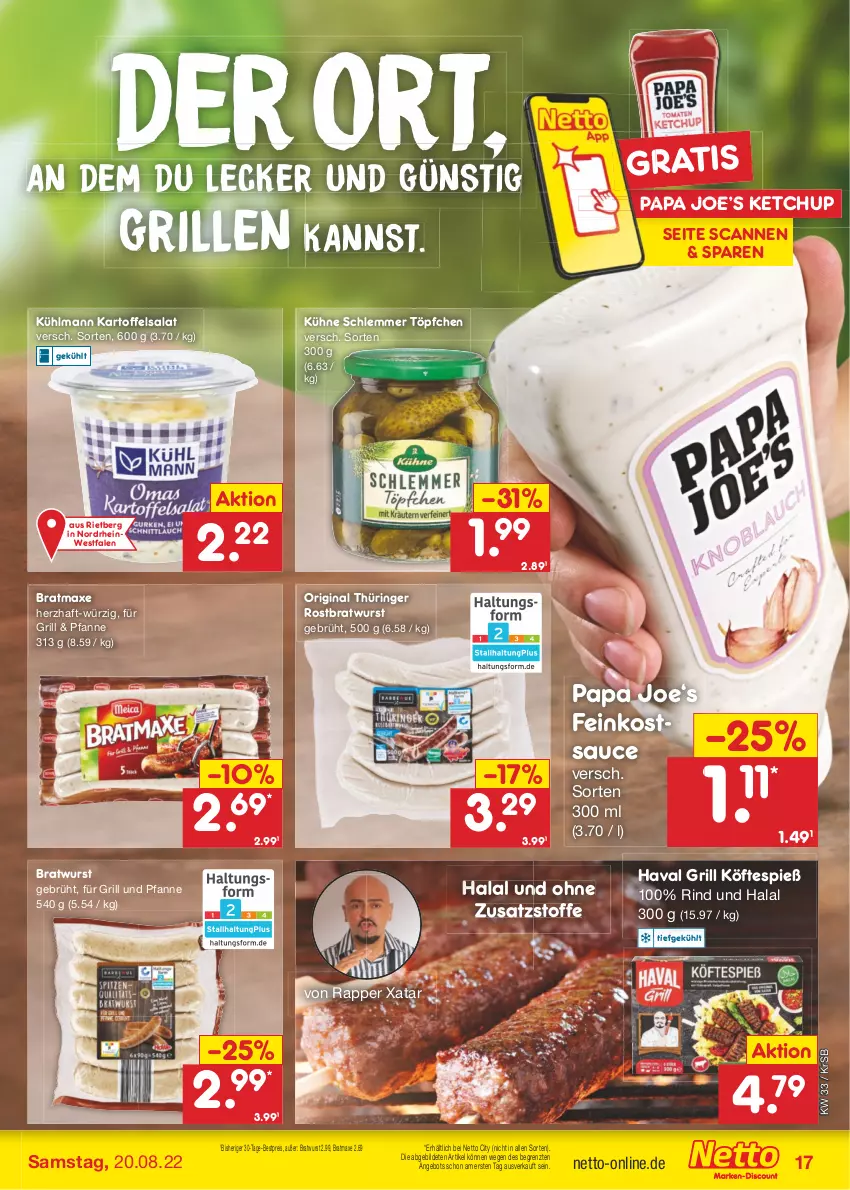 Aktueller Prospekt Netto Marken-Discount - Filial-Angebote - von 15.08 bis 20.08.2022 - strona 17 - produkty: angebot, axe, bestpreis, bratmaxe, bratwurst, eis, feinkost, für grill und pfanne, gin, grill, grill und pfanne, kartoffel, kartoffelsalat, ketchup, kühlmann, Kühne, original thüringer, pfanne, reis, rind, ring, rostbratwurst, salat, sauce, thüringer rostbratwurst, Ti, Töpfchen, und pfanne, wurst, ZTE