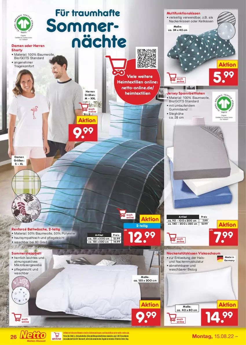 Aktueller Prospekt Netto Marken-Discount - Filial-Angebote - von 15.08 bis 20.08.2022 - strona 26 - produkty: Bau, baumwolle, bett, bettwäsche, bio, eis, Germ, heimtextilien, jersey spannbettlaken, kissen, Laufen, mikrofaser, nackenkissen, nackenstützkissen, ndk, reis, Ria, rwe, shorty, spannbettlaken, steppbett, Ti, versandkostenfrei, wolle