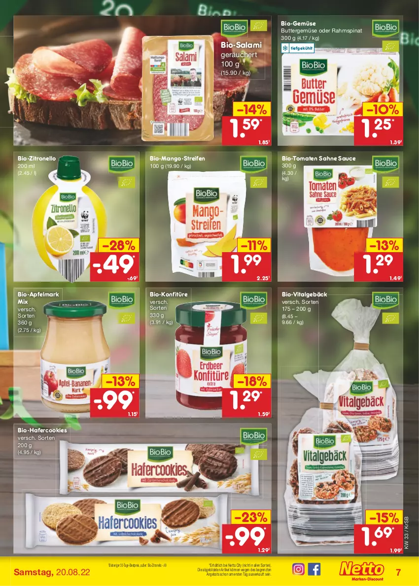 Aktueller Prospekt Netto Marken-Discount - Filial-Angebote - von 15.08 bis 20.08.2022 - strona 7 - produkty: angebot, apfel, bestpreis, bio, Bio-Gemüse, Bio-Salami, butter, cookie, cookies, eis, hafer, Hafercookies, konfitüre, LG, mango, reifen, reis, sahne, salami, sauce, spinat, Ti, tomate, tomaten, vita, zitrone, ZTE