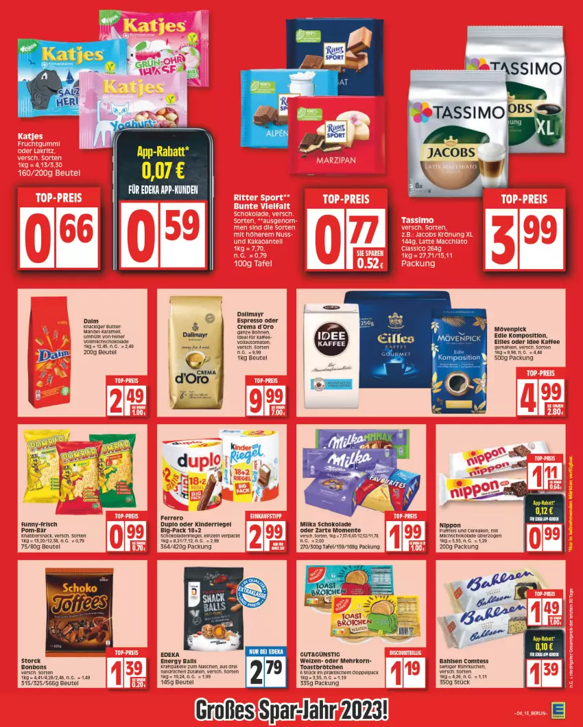 Aktueller Prospekt Edeka - Angebote der Woche - von 23.01 bis 28.01.2023 - strona 13 - produkty: aeg, auto, bahlsen, ball, beutel, bohne, bohnen, bonbons, brötchen, butter, comtess, daim, dallmayr, deka, duplo, ente, espresso, espresso oder, ferrero, funny-frisch, kaffee, karamell, Kinder, KnabberSnack, korn, kraft, kuchen, mandel, milka, milka schokolade, mövenpick, nippon, pom-bär, rel, riegel, saft, schoko, schokolade, schokoladen, sim, snack, Sport, storck, tassimo, Ti, tisch, toast, tomate, tomaten, vollautomaten