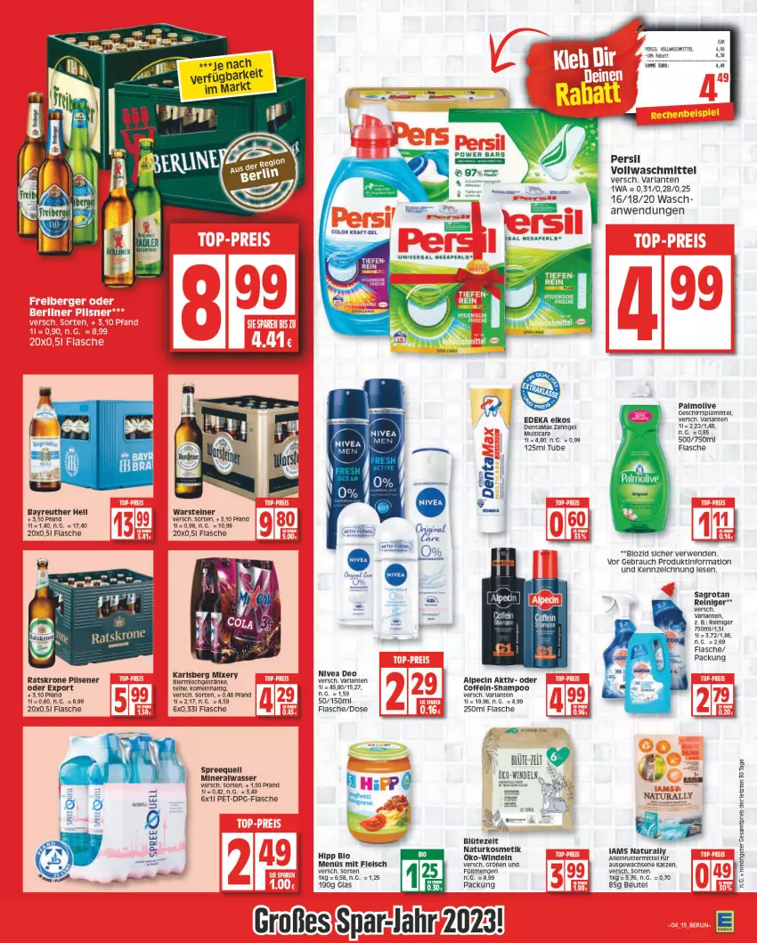 Aktueller Prospekt Edeka - Angebote der Woche - von 23.01 bis 28.01.2023 - strona 15 - produkty: alleinfuttermittel, alpecin, Alwa, arla, Bad, beutel, bio, Blüte, cin, coffein, deka, deo, eis, elkos, flasche, fleisch, geschirr, geschirrspülmittel, gin, hipp, kosmetik, krone, mineralwasser, natur, natura, naturkosmetik, nivea, olive, palmolive, persil, pils, pilsener, Rauch, reiniger, reis, rwe, sagrotan, shampoo, Spreequell, spülmittel, steiner, Ti, vollwaschmittel, warsteiner, waschmittel, wasser, windeln, ZTE