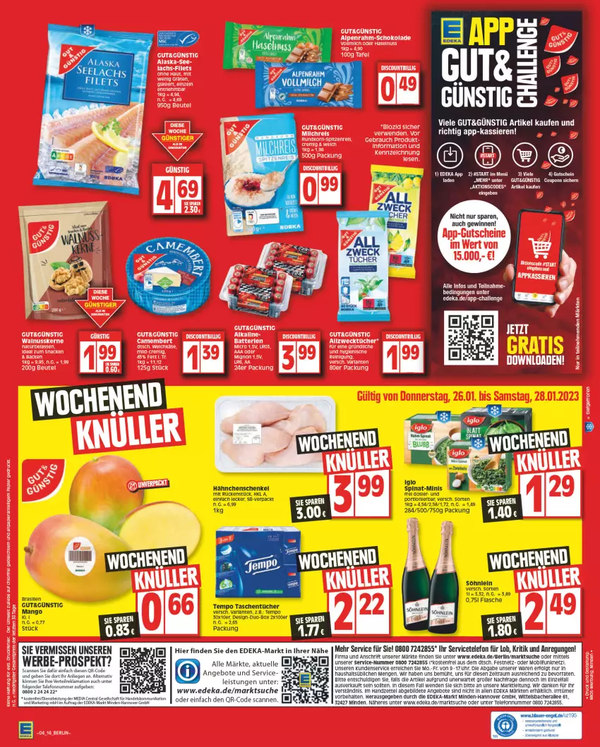 Aktueller Prospekt Edeka - Angebote der Woche - von 23.01 bis 28.01.2023 - strona 16 - produkty: angebot, angebote, arla, auer, coupon, coupons, deka, eis, elle, Engel, flasche, hähnchenschenkel, henkel, iglo, leine, LG, Liege, mango, papier, rel, schenkel, söhnlein, spinat, Tasche, taschen, telefon, Tempo, Ti, uhr