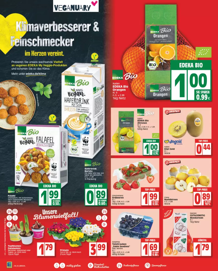 Aktueller Prospekt Edeka - Angebote der Woche - von 23.01 bis 28.01.2023 - strona 2 - produkty: beere, beeren, bier, Biere, bio, deka, drink, edeka bio, erdbeere, erdbeeren, Falafel, GPS, hafer, Haferdrink, kiwi, Kiwi Gold, LG, mandarine, mandarinen, natur, orange, orangen, rel, sac, Schal, Schale, soja, tafeltrauben, Ti, trauben, veggie, zitrone, zitronen