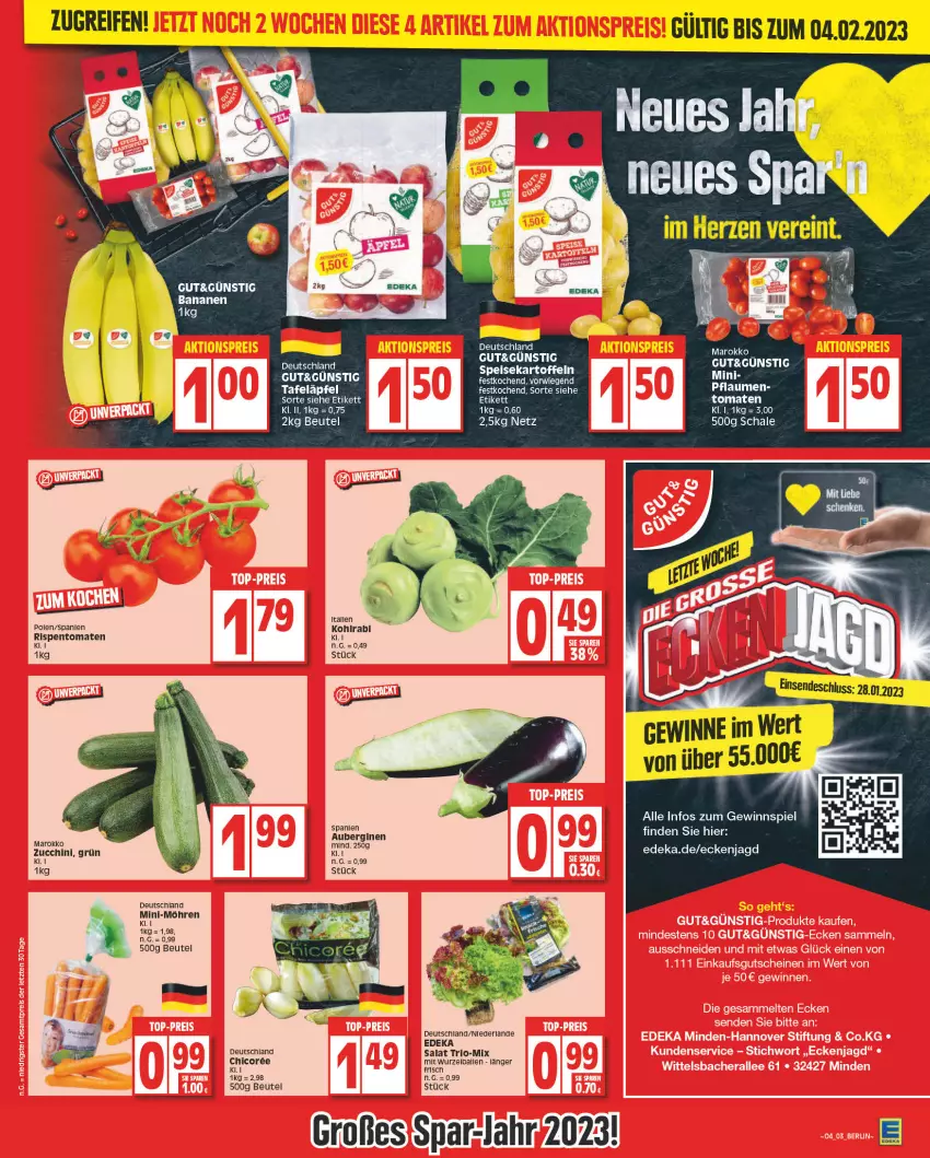 Aktueller Prospekt Edeka - Angebote der Woche - von 23.01 bis 28.01.2023 - strona 3 - produkty: aubergine, auberginen, ball, banane, bananen, beutel, deka, eis, gewinnspiel, gin, kartoffel, kartoffeln, kohlrabi, Mini-Möhren, möhren, pflaume, pflaumen, reifen, rispentomaten, salat, Schal, Schale, speisekartoffeln, tafeläpfel, Ti, tomate, tomaten, zucchini