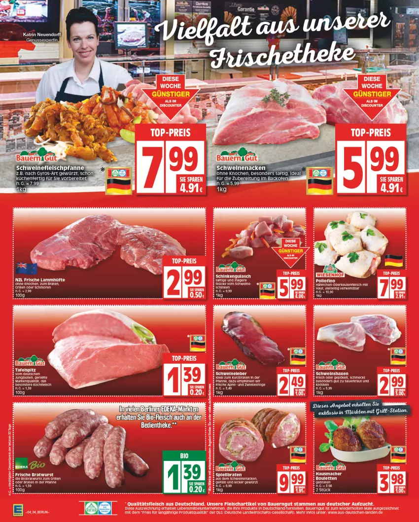 Aktueller Prospekt Edeka - Angebote der Woche - von 23.01 bis 28.01.2023 - strona 4 - produkty: apfel, auer, axe, backofen, berliner, braten, bratwurst, deka, eier, eis, fleisch, gewürz, grill, gulasch, Hähnchen-Oberkeulen, Hausmacher, Haxe, jungbullen, Knödel, Kraut, küche, Küchen, lamm, mac, Ofen, pfanne, ring, rwe, saft, Sauerkraut, schinken, schwein, schweine, schweinenacken, Ti, wein, weine, wurst, zwiebel