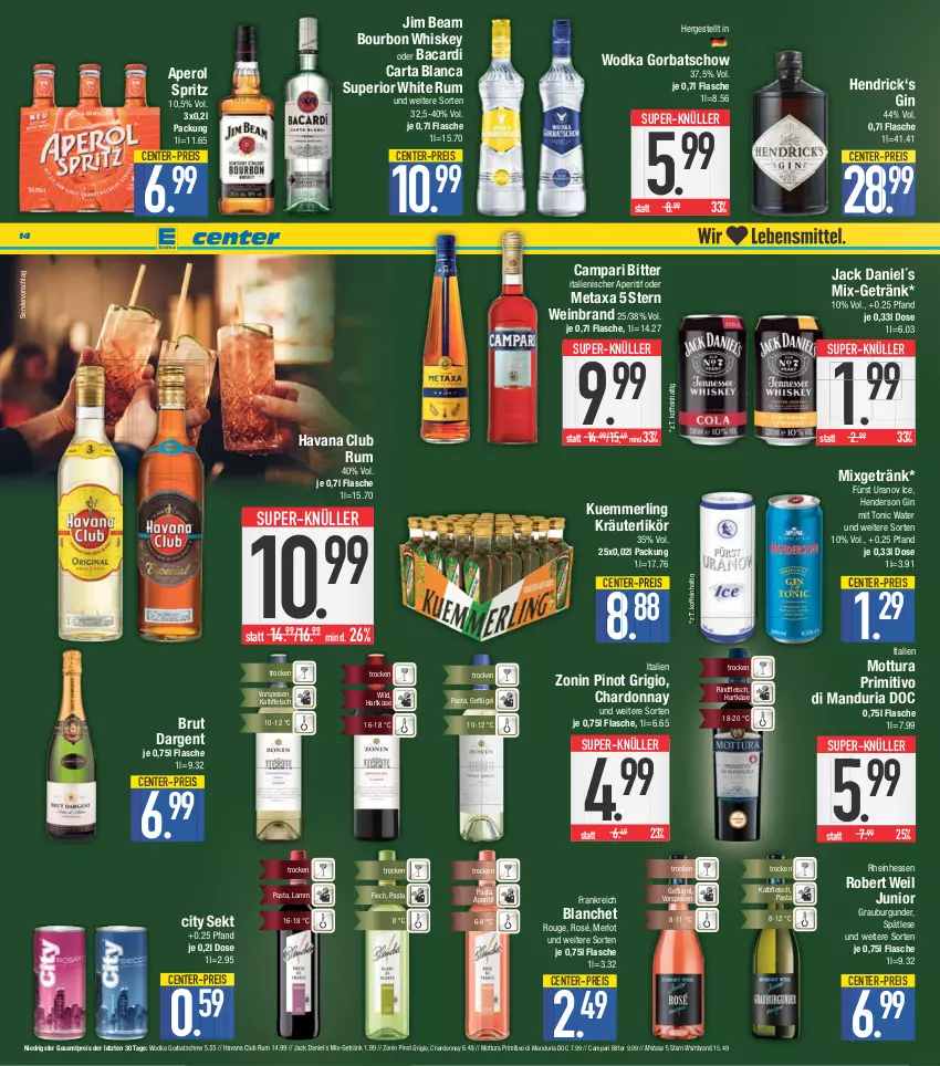 Aktueller Prospekt E Center - Angebote der Woche - von 15.05 bis 20.05.2023 - strona 14 - produkty: aperitif, aperol, bacardi, bourbon, bourbon whiskey, brut, brut dargent, burgunder, campari, chardonnay, eis, enders, ente, fisch, flasche, fleisch, Geflügel, getränk, gin, Gorbatschow, grauburgunder, hartkäse, Havana Club, jack daniel, jim beam, Kalbfleisch, Käse, kräuter, kräuterlikör, kuemmerling, lamm, likör, merl, merlot, Metaxa, Mixgetränk, pasta, Pinot, pinot grigio, primitivo, reis, Ria, rind, rindfleisch, rouge, rum, sekt, super-knüller, Ti, tonic, tonic water, vorspeise, wein, weinbrand, whiskey, white rum, Wild, wodka, zonin, ZTE