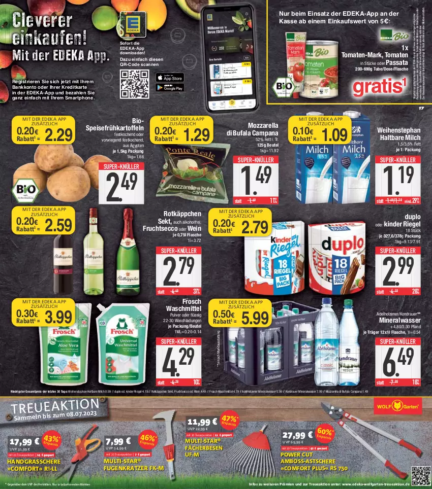 Aktueller Prospekt E Center - Angebote der Woche - von 15.05 bis 20.05.2023 - strona 17 - produkty: adelholzener, alkohol, Alwa, angebot, auer, Bank, beutel, bio, boss, bürste, coupon, deka, di bufala, duplo, ecco, eis, elle, flasche, Frosch, frucht, fruchtsecco, Frühkartoffeln, Fugenbürste, Garten, Gartenschere, Grasschere, haltbare milch, Holz, kartoffel, kartoffeln, Kinder, kinder riegel, LG, milch, mineralwasser, mozzarella, nuss, reis, rel, riegel, rotkäppchen, Schere, schuhe, sekt, smartphone, speisefrühkartoffeln, super-knüller, teller, Ti, tomate, tomaten, waschmittel, wasser, weihenstephan, wein, wolfgarten, ZTE