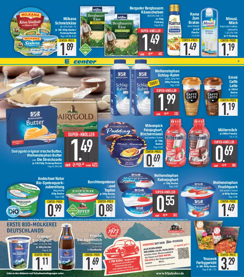 Aktueller Prospekt E Center - Angebote der Woche - von 15.05 bis 20.05.2023 - strona 7 - produkty: alpenmilch, andechser natur, auer, Bau, Bauer, Becher, bergader, beutel, bio, bio-joghurt, braten, butter, caffè latte, Dairygold, eis, emmi, ente, feinjoghurt, fertiggericht, flasche, frucht, Fruchtquark, gin, glasflasche, irische butter, joghur, joghurt, joghurt mild, Käse, käsescheiben, latte, milch, milka, milkana, mövenpick, Müller, müllermilch, natur, ohne palmöl, quark, rahmjoghurt, rama, reis, Schmelzkäse, speisequark, Streichzart, super-knüller, Ti, topf, Topfen, weihenstephan, Yo, YouCook, ZTE