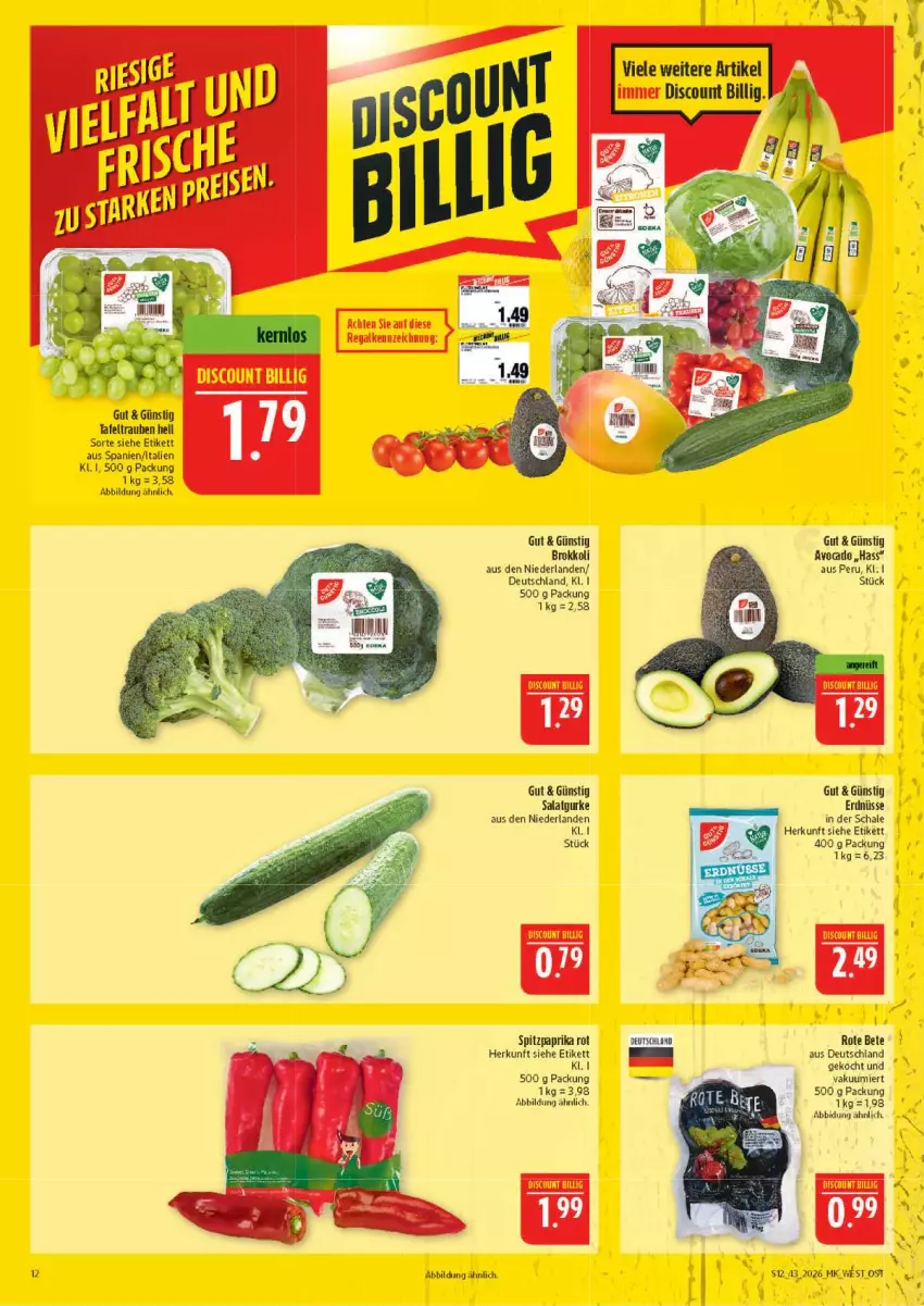 Aktueller Prospekt Marktkauf - Prospekt - von 18.10 bis 24.10.2026 - strona 12 - produkty: brokkoli, discount, gurke, paprika, paprika rot, regal, rote bete, salat, Salatgurke, Schal, Schale, Spitzpaprika, tafeltrauben, Ti, trauben