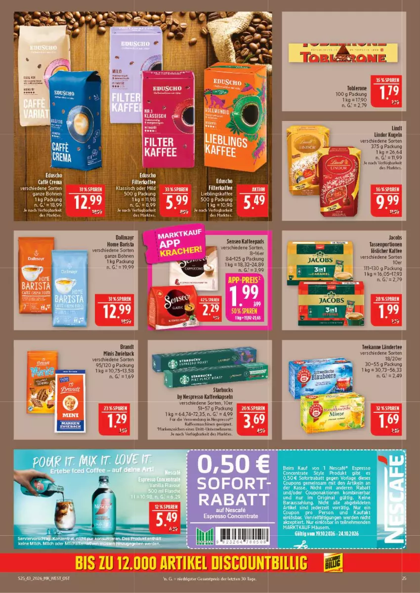 Aktueller Prospekt Marktkauf - Prospekt - von 18.10 bis 24.10.2026 - strona 25 - produkty: Bau, bohne, bohnen, brandt, coupon, erde, espresso, gin, kaffee, kaffee ganze bohnen, kaffeekapseln, kaffeepads, Kugel, Ländertee, lindor, lindt, löslicher kaffee, nescafe, nespresso, senseo, tasse, tee, teekanne, Ti