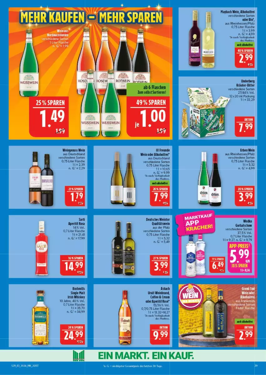 Aktueller Prospekt Marktkauf - Prospekt - von 18.10 bis 24.10.2026 - strona 29 - produkty: alkohol, aperitif, bio, eis, flasche, Gorbatschow, irish whiskey, kräuter, nuss, qualitätswein, rotwein, single malt, Ti, Tiere, underberg, wein, weinbrand, whiskey