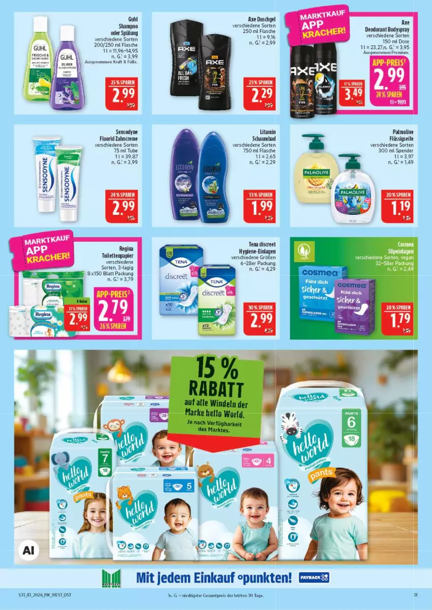 Aktueller Prospekt Marktkauf - Prospekt - von 18.10 bis 24.10.2026 - strona 31 - produkty: axe, Bad, body, bodyspray, creme, deo, deodorant, Discreet, duschgel, eis, flasche, flüssigseife, gin, Guhl, kraft, olive, palmolive, papier, reis, Seife, sensodyne, sensodyne fluorid, shampoo, slip, slipeinlagen, spülung, toilettenpapier, zahncreme, ZTE