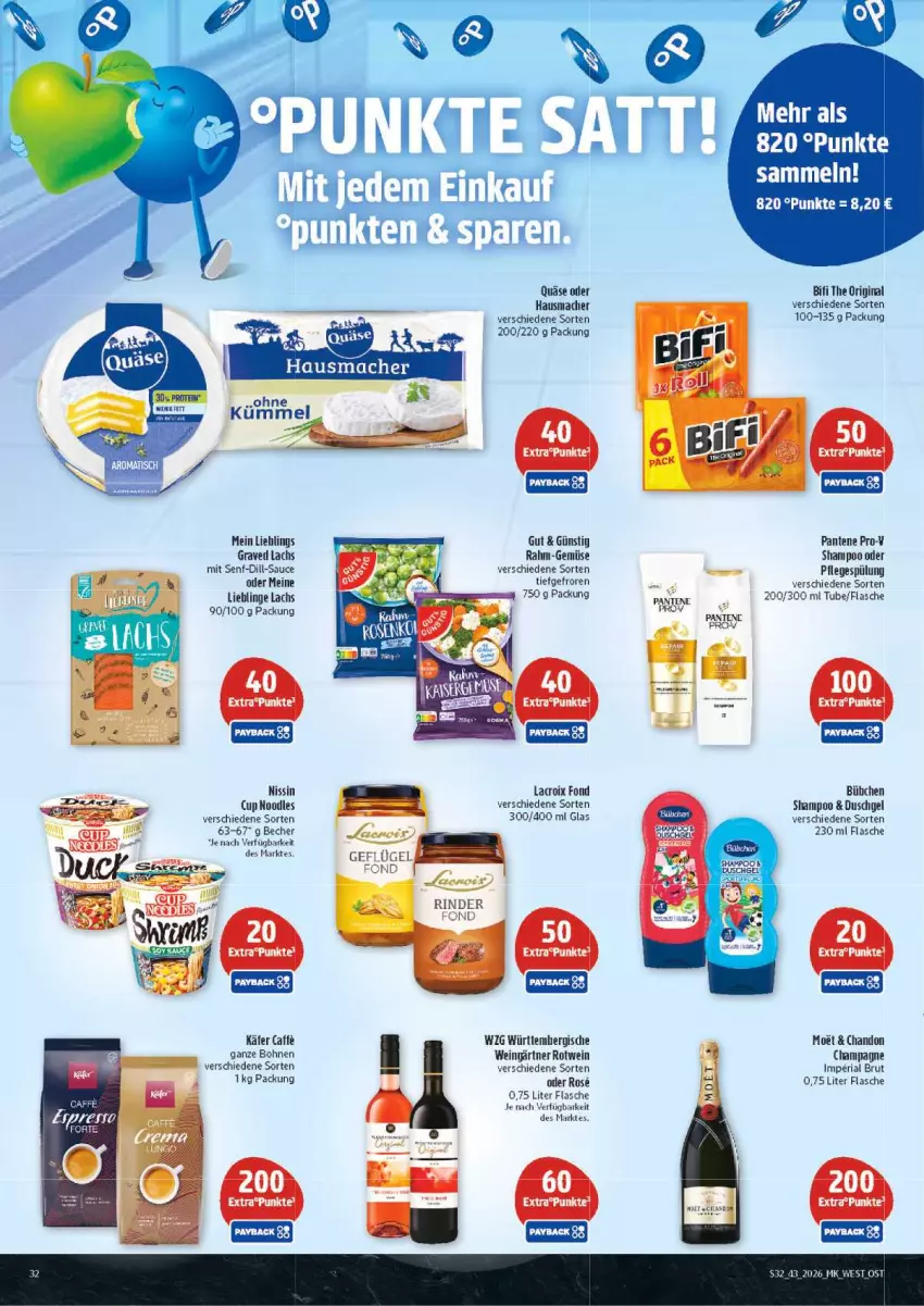 Aktueller Prospekt Marktkauf - Prospekt - von 18.10 bis 24.10.2026 - strona 32 - produkty: Becher, bifi, bohne, bohnen, brut, bübchen, caffe, duschgel, flasche, gin, Graved Lachs, Hausmacher, käfer, lachs, mac, moet, Nissin, pantene, pantene pro-v, Pflegespülung, pro-v, quäse, rahm-gemüse, Ria, rind, rinder, rotwein, sauce, senf, shampoo, spülung, Ti, wein