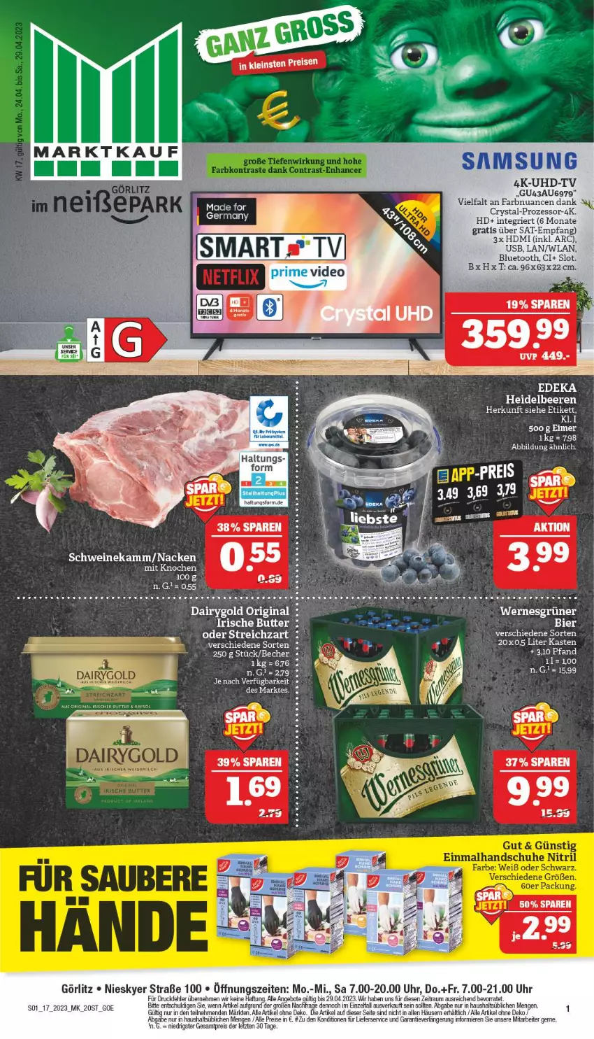 Aktueller Prospekt Marktkauf - Prospekt - von 23.04 bis 29.04.2023 - strona 1 - produkty: angebot, angebote, Becher, beere, beeren, bier, butter, Dairygold, eimer, eis, gin, HDMI, heidelbeere, heidelbeeren, irische butter, lieferservice, Nuance, reis, schwein, schweine, Streichzart, Ti, uhd, UHD-TV, uhr, usb, wein, weine, ZTE