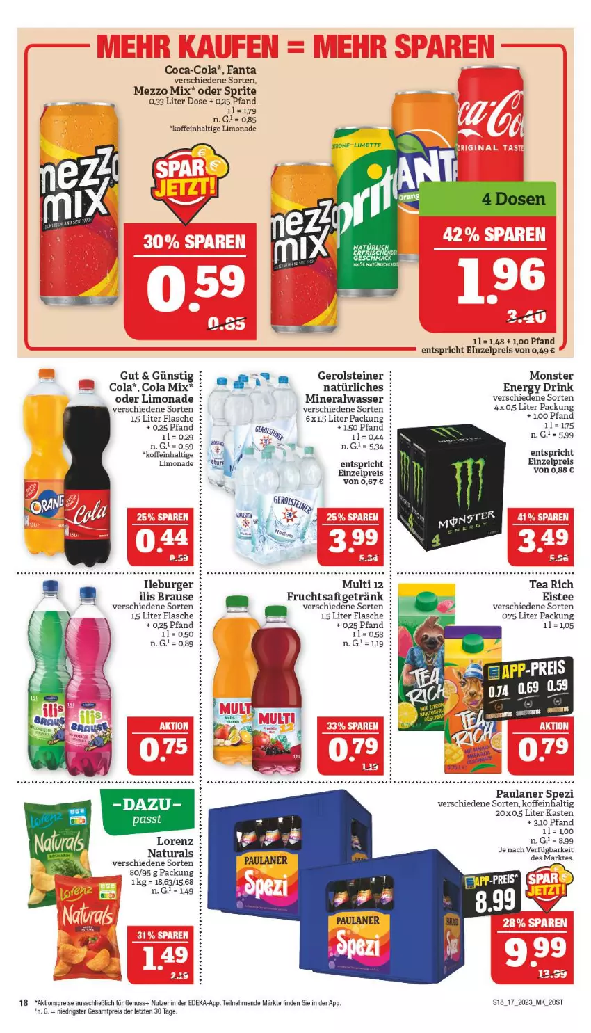 Aktueller Prospekt Marktkauf - Prospekt - von 23.04 bis 29.04.2023 - strona 18 - produkty: aktionspreis, Alwa, brause, Brei, burger, coca-cola, cola, deka, drink, eis, eistee, energy drink, fanta, flasche, frucht, fruchtsaft, fruchtsaftgetränk, gerolsteine, gerolsteiner, getränk, limette, limo, limonade, lorenz, mac, Mett, Mezzo Mix, mineralwasser, monster, natur, natura, nuss, oder sprite, Paula, paulaner, reis, saft, Spezi, sprite, steiner, tee, Ti, wasser, ZTE