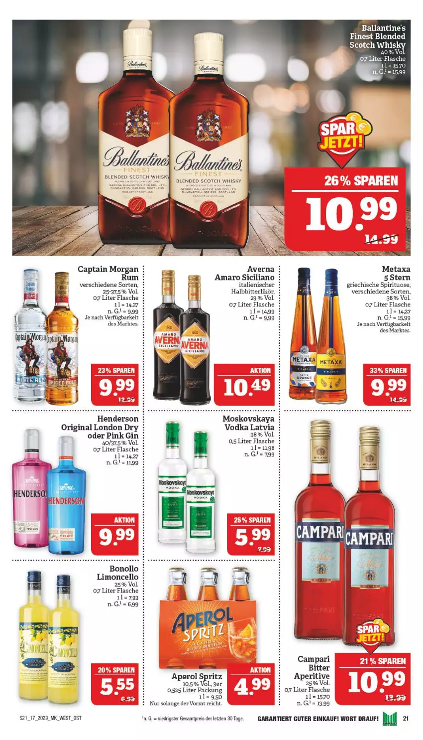 Aktueller Prospekt Marktkauf - Prospekt - von 23.04 bis 29.04.2023 - strona 21 - produkty: amaro, aperol, averna, ball, Ballantine's, campari, Cap, captain morgan, chili, eis, enders, flasche, gin, likör, limo, london dry, Metaxa, moskovskaya, reis, rum, Ti, vodka, ZTE