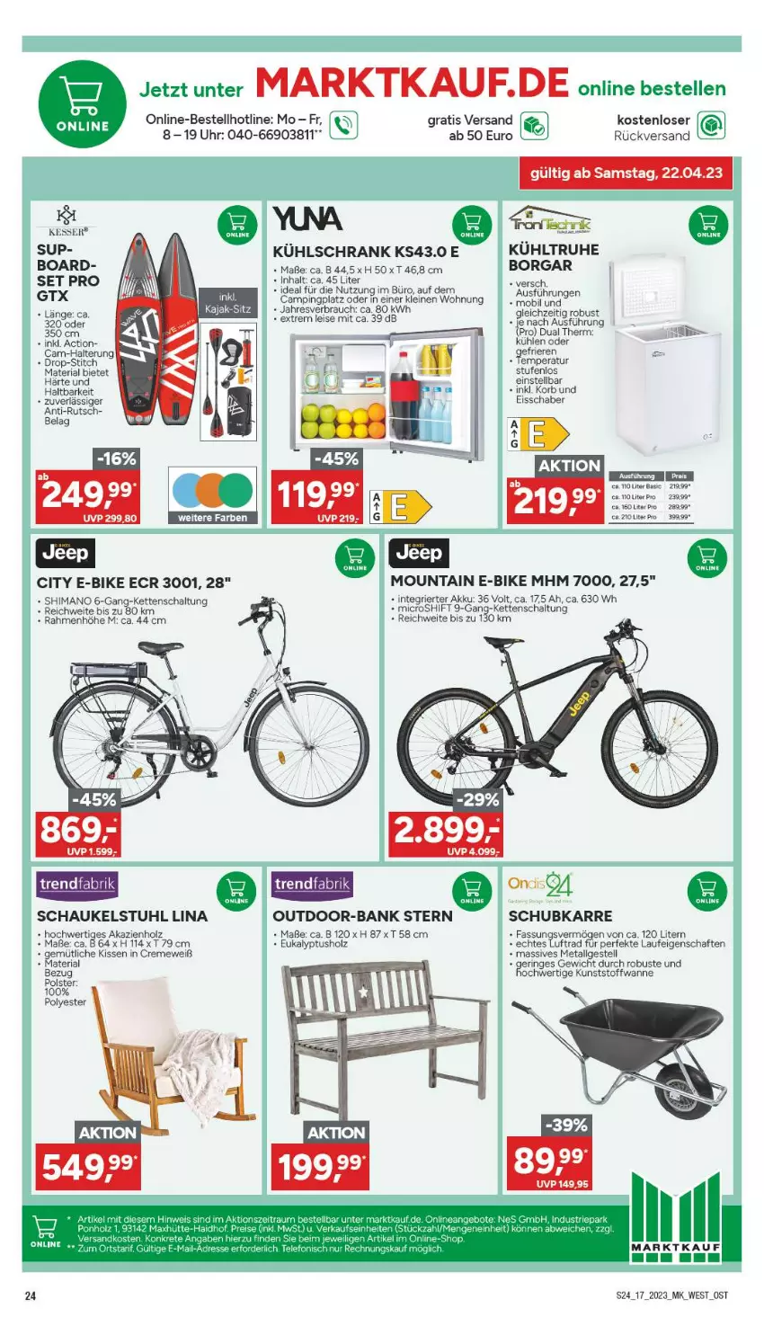 Aktueller Prospekt Marktkauf - Prospekt - von 23.04 bis 29.04.2023 - strona 24 - produkty: akku, Bank, creme, E-Bike, eis, elle, Feigen, gtx, Holz, Kajak, Kette, kissen, korb, kühlschrank, leine, LG, Rauch, reis, Ria, Schal, Schaukel, Schrank, shimano, stuhl, Ti, uhr, Wanne