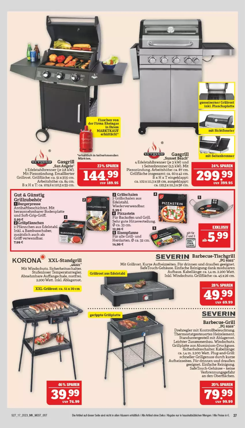 Aktueller Prospekt Marktkauf - Prospekt - von 23.04 bis 29.04.2023 - strona 27 - produkty: backofen, backofen und, barbecue, Bau, beleuchtung, Bodenplatte, burger, edelstahl, eis, elle, fenster, flasche, gasgrill, grill, grillfläche, grillplatte, grillrost, Grillschalen, herdarten, latte, LG, nuss, Ofen, pfanne, pizza, Reinigung, reis, sana, Schal, Schale, severin, standgrill, thermostat, Ti, tisch, tischgrill, Windschutz, Yo