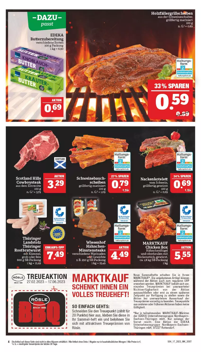 Aktueller Prospekt Marktkauf - Prospekt - von 23.04 bis 29.04.2023 - strona 4 - produkty: angebot, angebote, Bau, bratwurst, butter, deka, eis, elle, erde, gewürz, grill, hähnchenflügel, Hefte, Holz, kotelett, marinade, reis, ring, rösle, rostbratwurst, sac, schwein, schweine, Schweinebauch, Ti, wein, weine, wiesenhof, wurst, ZTE