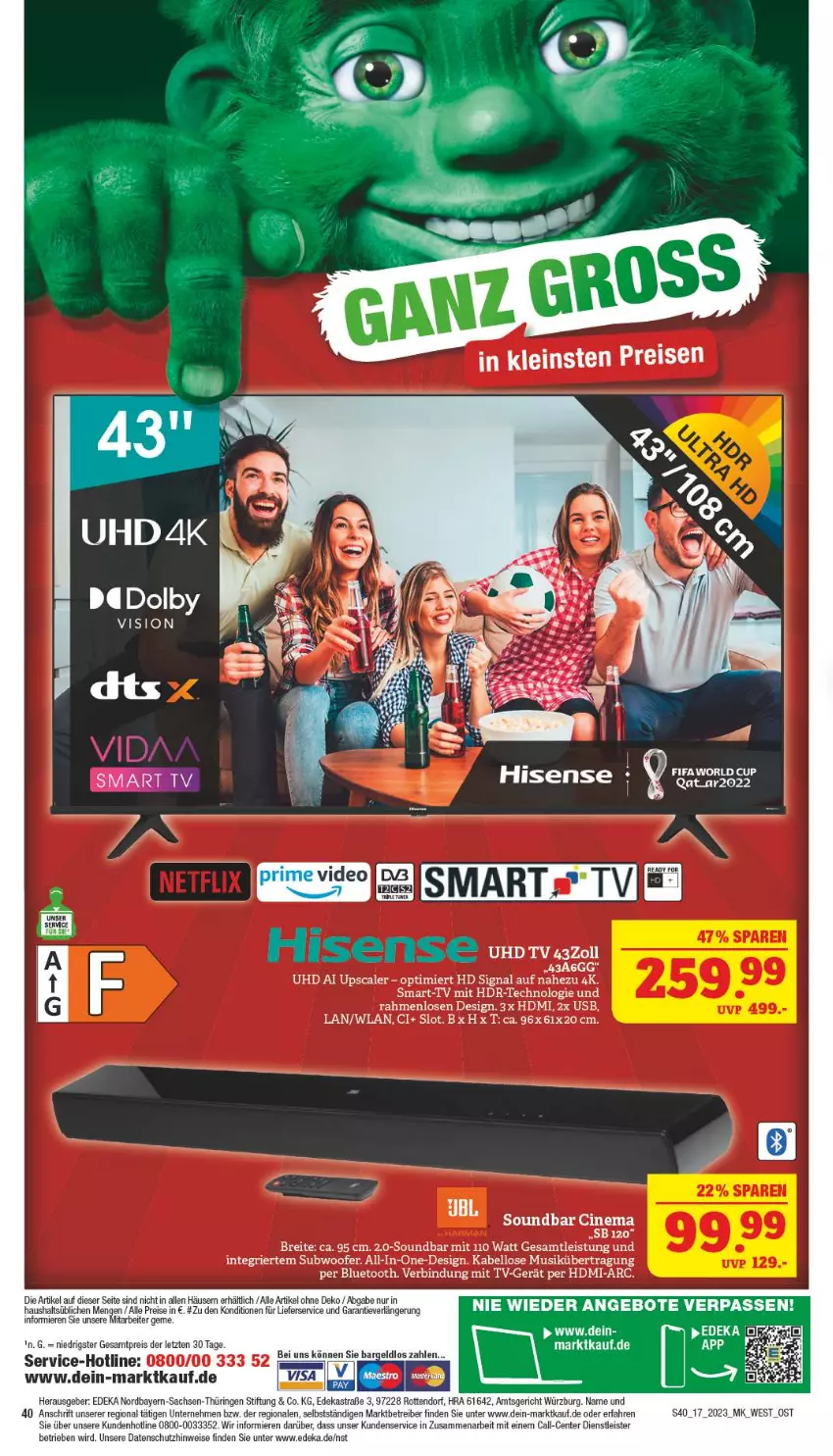 Aktueller Prospekt Marktkauf - Prospekt - von 23.04 bis 29.04.2023 - strona 40 - produkty: angebot, angebote, Astra, Brei, cin, deka, eis, ente, HDMI, lieferservice, reis, ring, sac, Signal, soundbar, Subwoofer, Ti, uhd, usb, ZTE