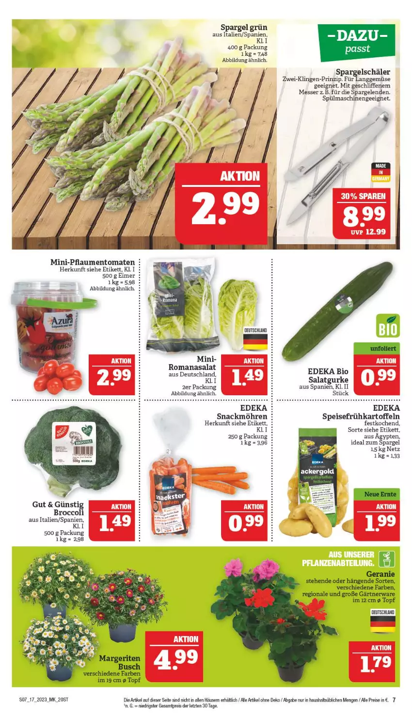 Aktueller Prospekt Marktkauf - Prospekt - von 23.04 bis 29.04.2023 - strona 7 - produkty: bio, broccoli, deka, edeka bio, eimer, eis, Frühkartoffeln, gurke, kartoffel, kartoffeln, messer, möhren, pflaume, pflaumen, reis, Romanasalat, salat, Salatgurke, snack, spargel, spargel grün, speisefrühkartoffeln, spülmaschinen, Ti, tomate, tomaten, topf, ZTE